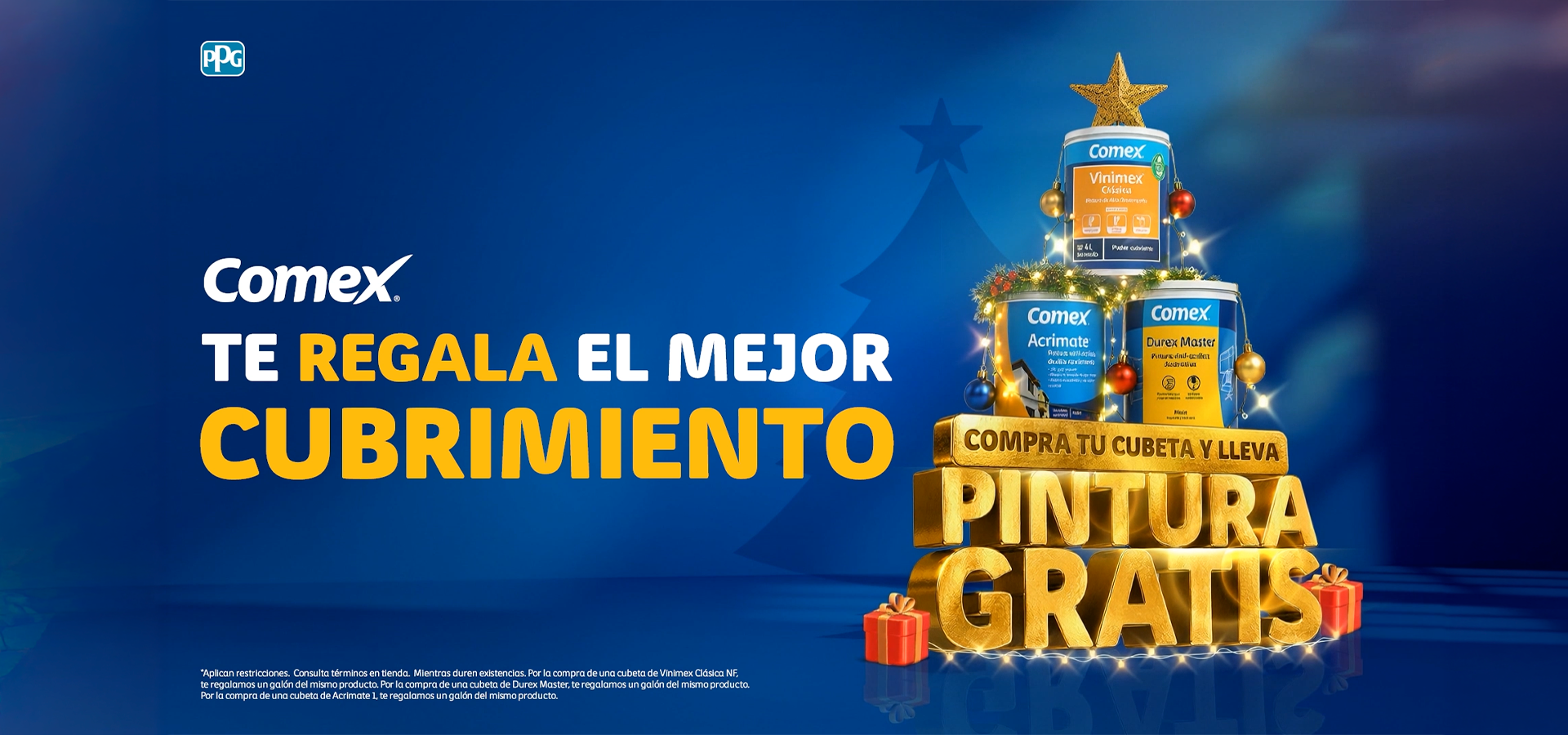 Banner promocional de pinturas Comex con oferta de pintura gratis por la compra de cubetas participantes.