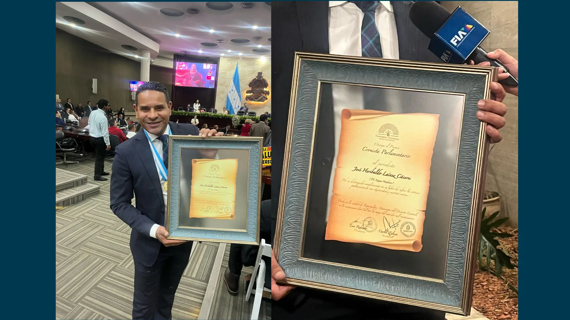 El periodista de Tv Azteca Honduras, recibe el premio Cronista Parlamentario por su impecable trabajo en esta fuente periodística para Fuerza Informativa Azteca.