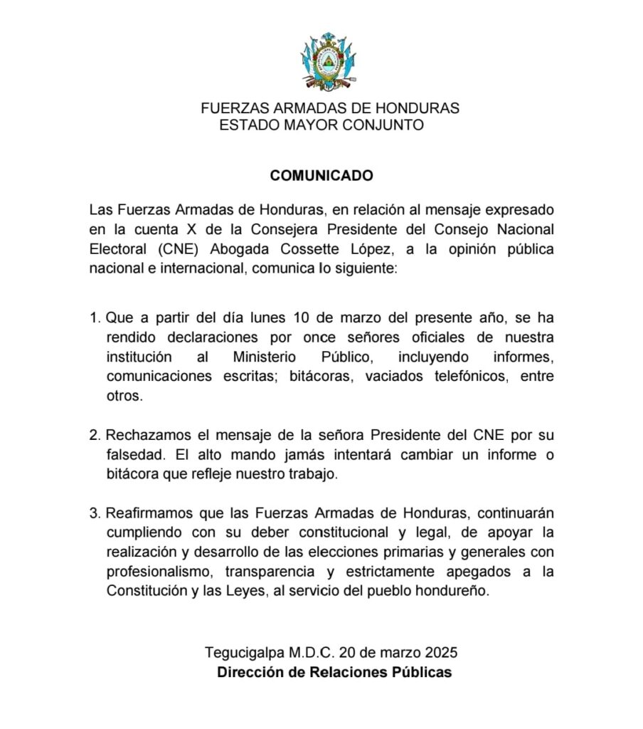 Fuerzas Armadas de Hondurasr responden a Cossette López