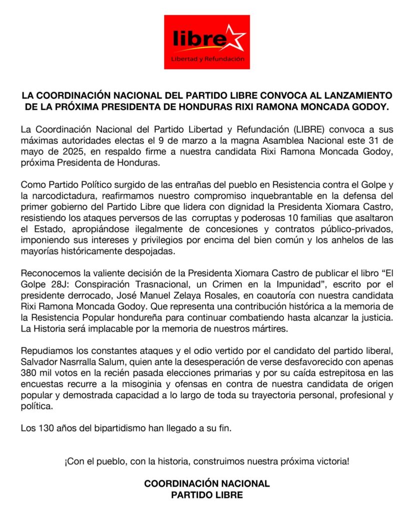 Comunicado sobre la Asamblea Nacional de Libre en apoyo a la candidatura de Rixi Moncada.