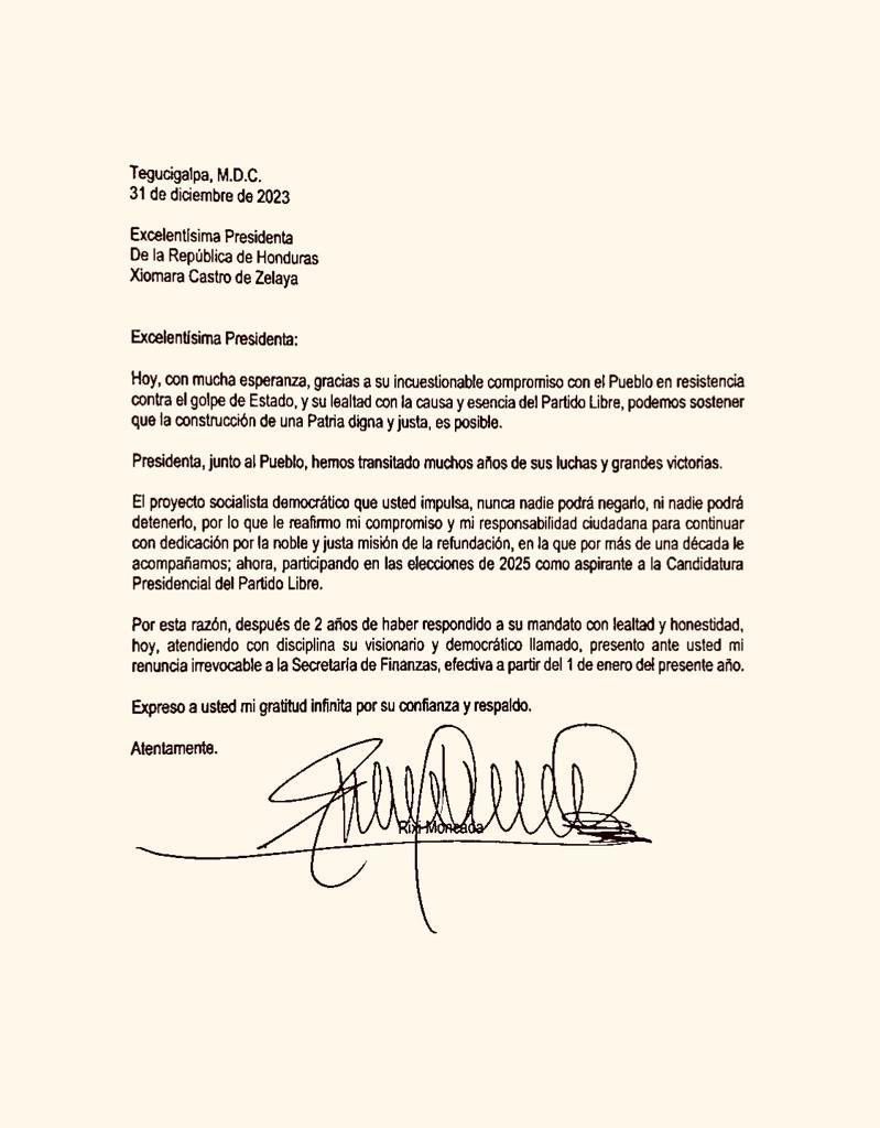 Renuncia de Rixi Moncada a la Secretaría de Defensa.