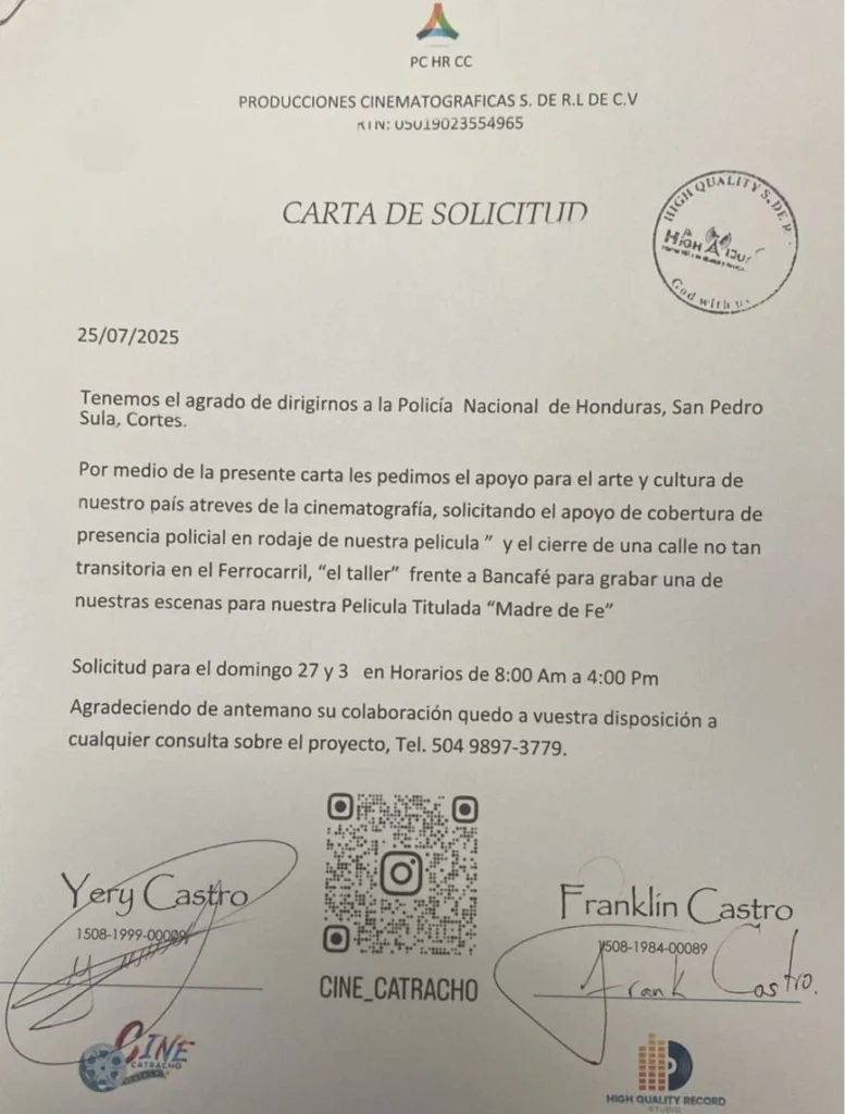 Foto cortesía: Permiso de las autoridades de San Pedro Sula para la grabación de la película.