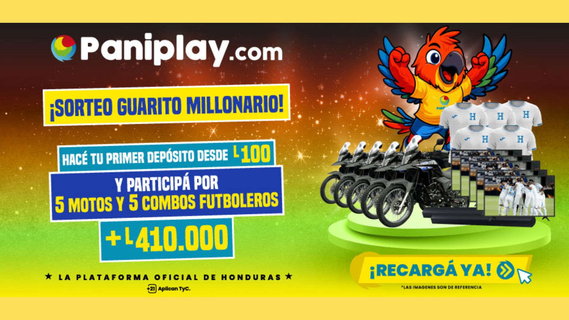 Registrate en Paniplay.com y participá en el Sorteo Guarito Millonario para ganar motos, combos futboleros y más de L400,000 en premios.