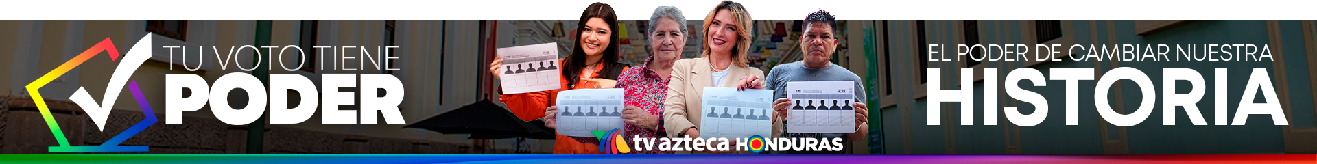 Personas mostrando papeletas electorales en una calle colorida con lámparas colgantes, acompañado del mensaje “Tu voto tiene poder” y el lema “El poder de cambiar nuestra historia”.