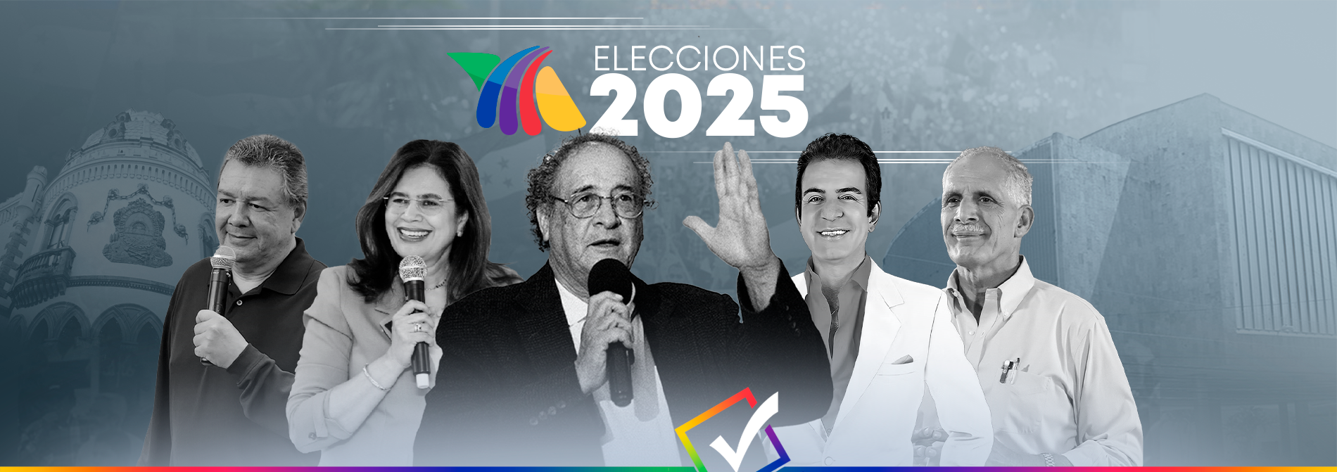 Banner informativo sobre las elecciones generales en Honduras 2025, con diseño institucional, logotipo colorido y edificios emblemáticos en el fondo.