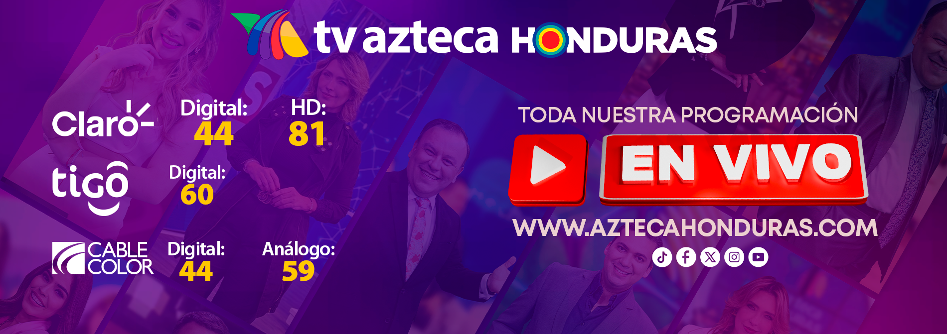 Banner promocional de TV Azteca Honduras con información de sintonía en Claro, Tigo y Cablecolor, y botón para ver la programación en vivo en aztecahonduras.com