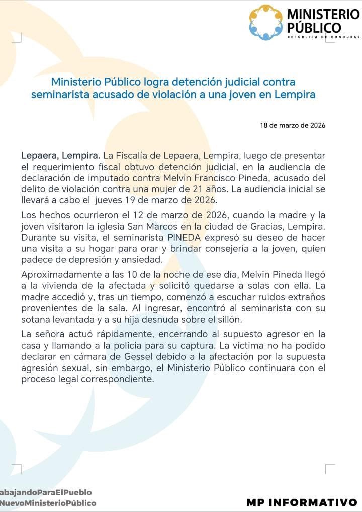 Investigan a seminarista por presunto abuso de joven en Lempira; llegó a su casa con la excusa de orar