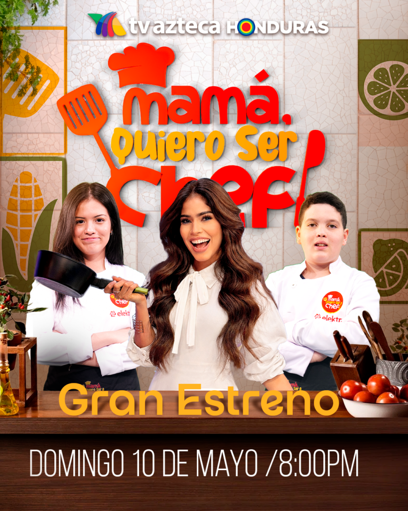 Presentadores y jueces de Mamá Quiero Ser Chef Honduras posando en el set de TV Azteca durante el estreno del reality de cocina.
